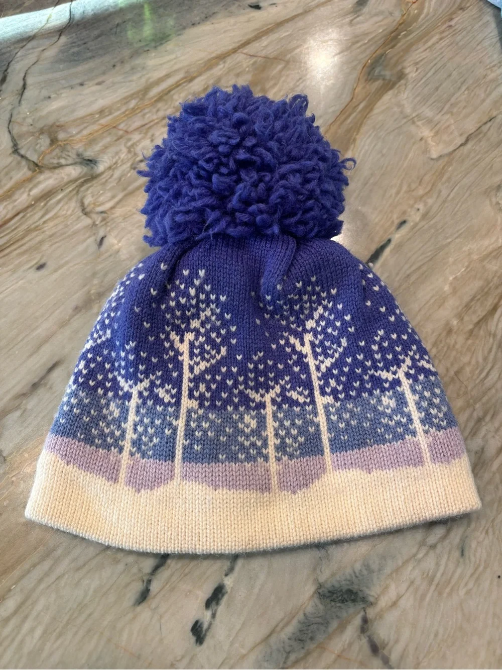 Kids Pom Pom Winter Hat in Purple and Cream - 100% wool